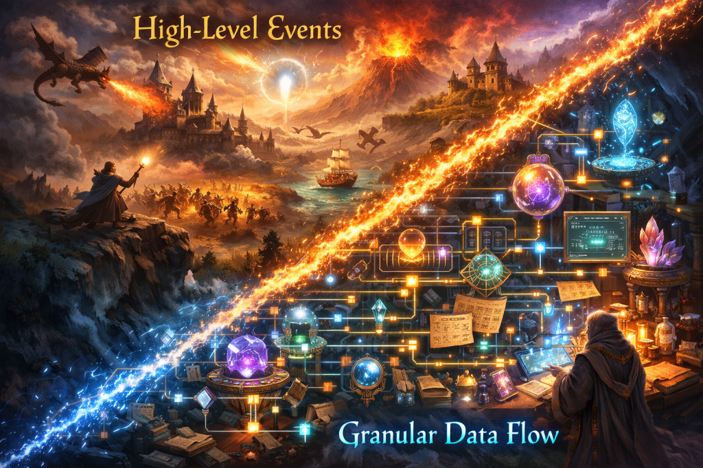 Fantasy scene showing a mage observing a magical data network contrasted with a fiery dragon attacking a castle and battling armies