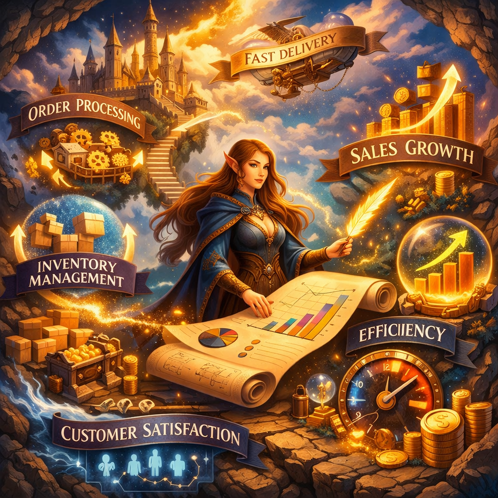 An elf woman with a quill presenting charts on a scroll surrounded by icons for order processing, fast delivery, sales growth, inventory management, efficiency, and customer satisfaction