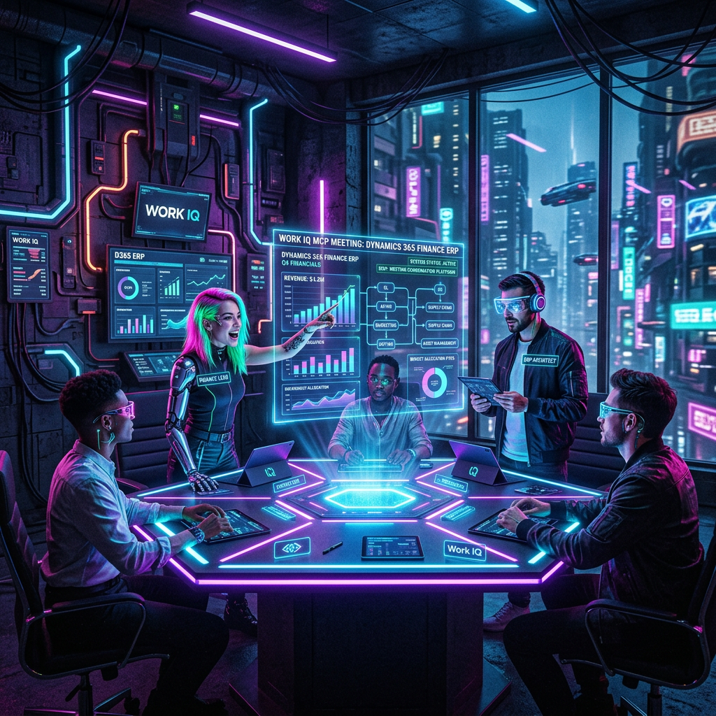 Team of five people collaborating with holographic charts and neon digital interfaces in futuristic office