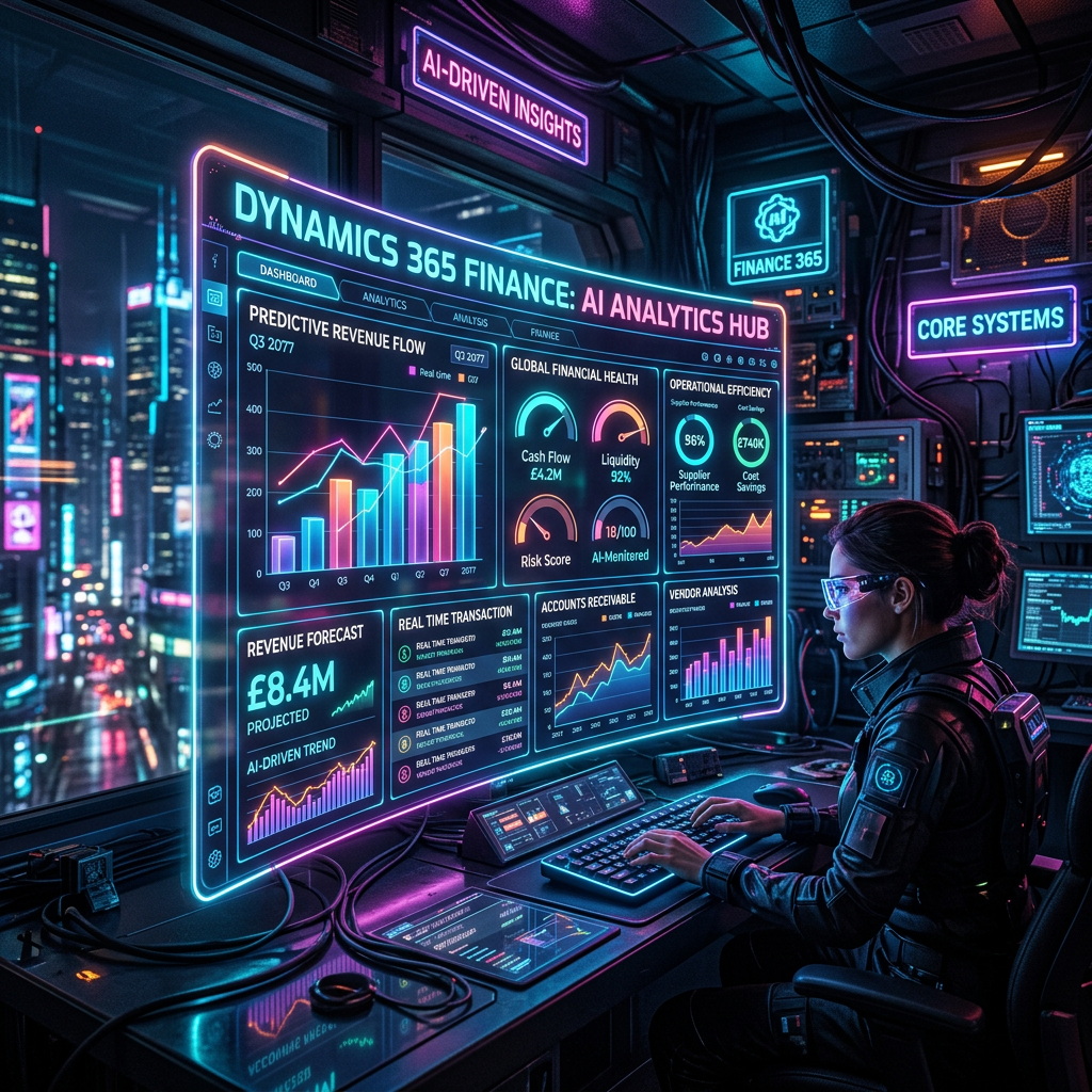 Person using a futuristic AI-driven financial analytics dashboard displaying revenue flow and performance metrics