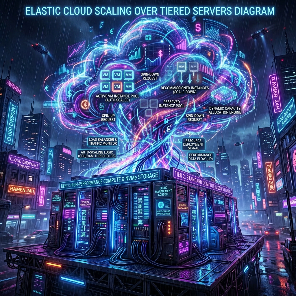 Digital cloud with financial data streams connected to bank servers in a futuristic city
