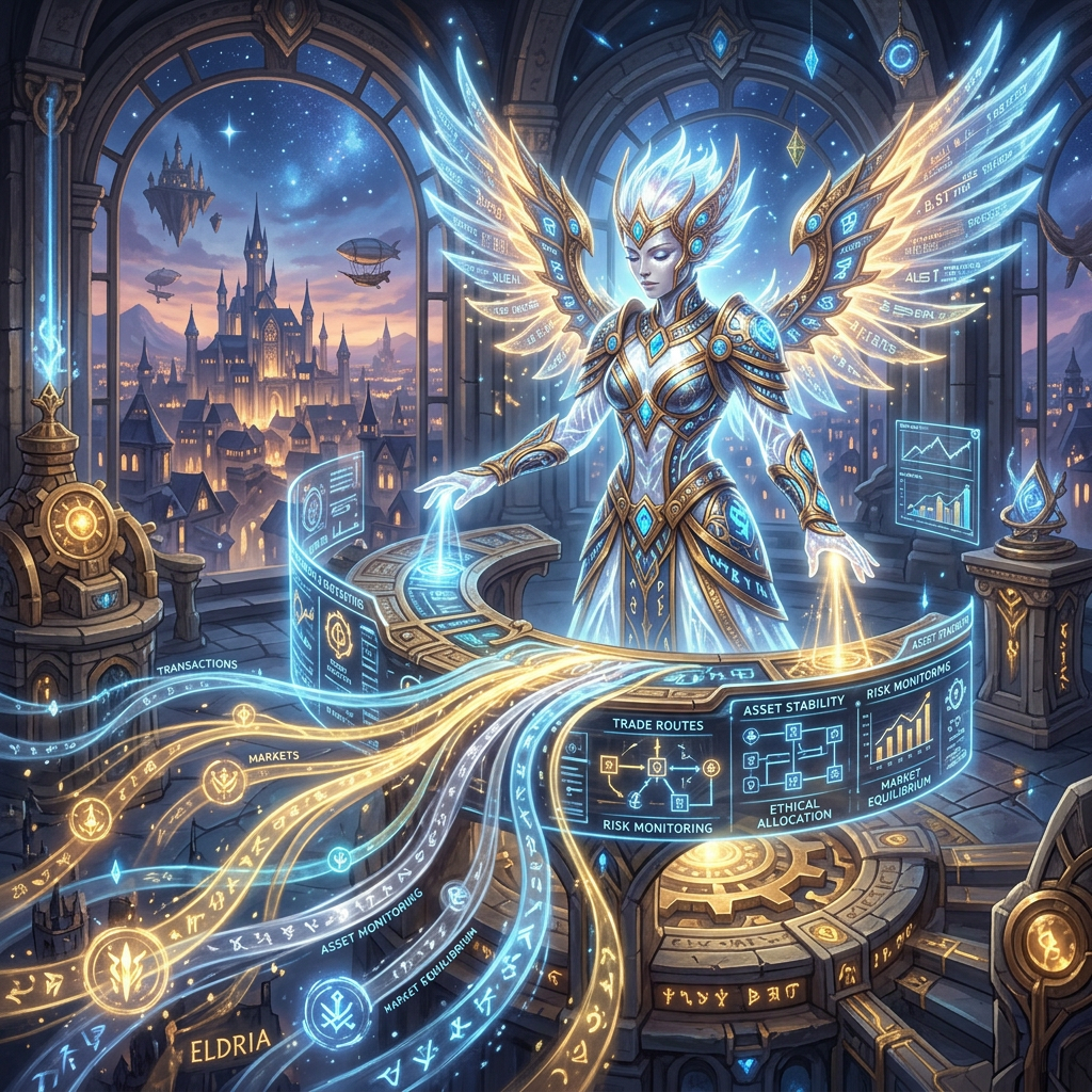 Angel with glowing wings interacting with magical data streams and graphs in a fantasy city tower