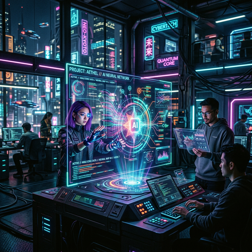 Researchers interacting with holographic AI neural network displays in a futuristic lab