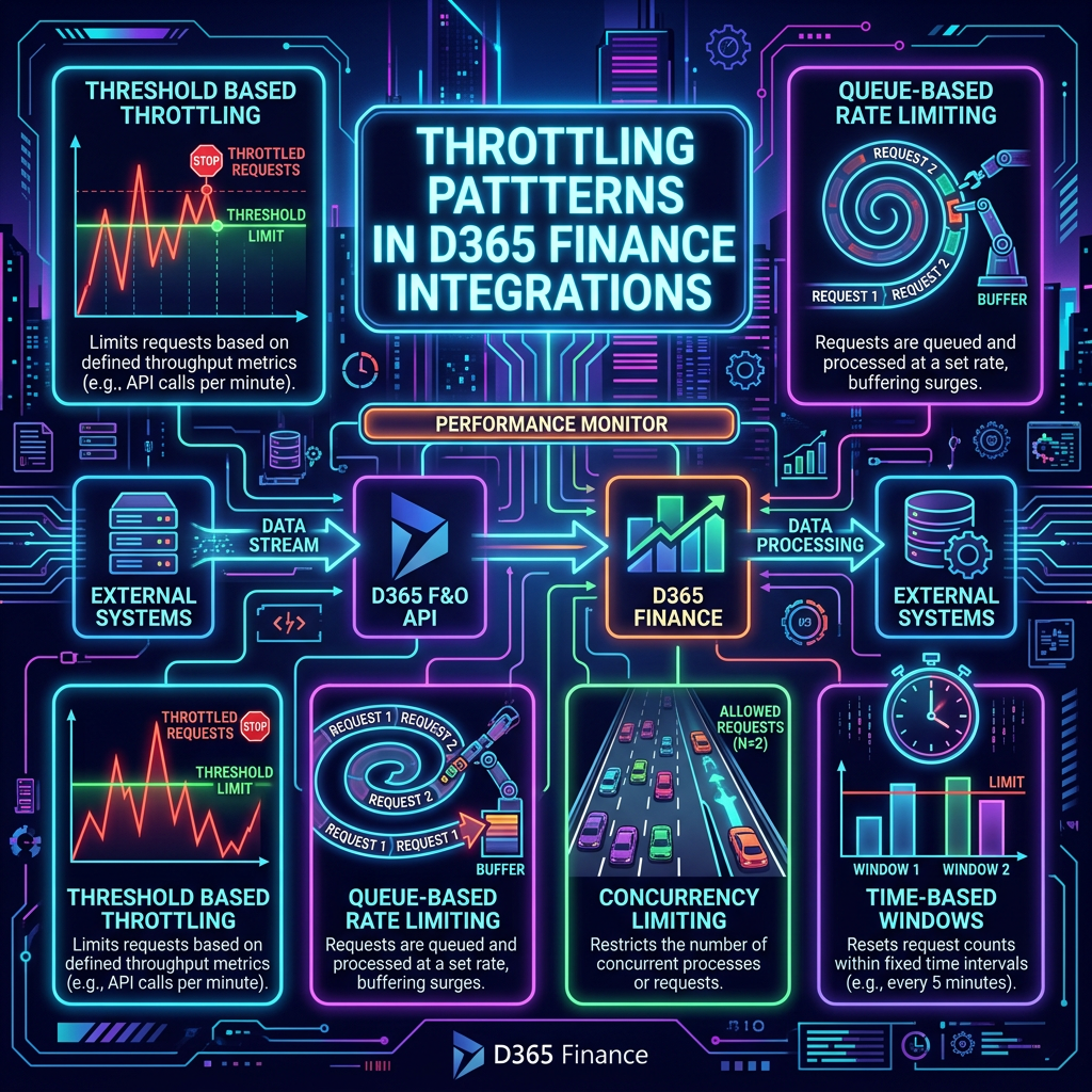 Diagram illustrating four throttling patterns in D365 Finance integrations including threshold based throttling, queue-based rate limiting, concurrency limiting, and time-based windows.