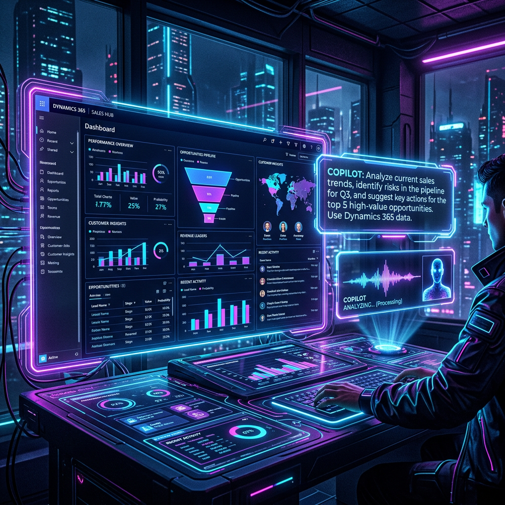 User interacting with a holographic sales dashboard showing charts, customer insights, and AI analysis