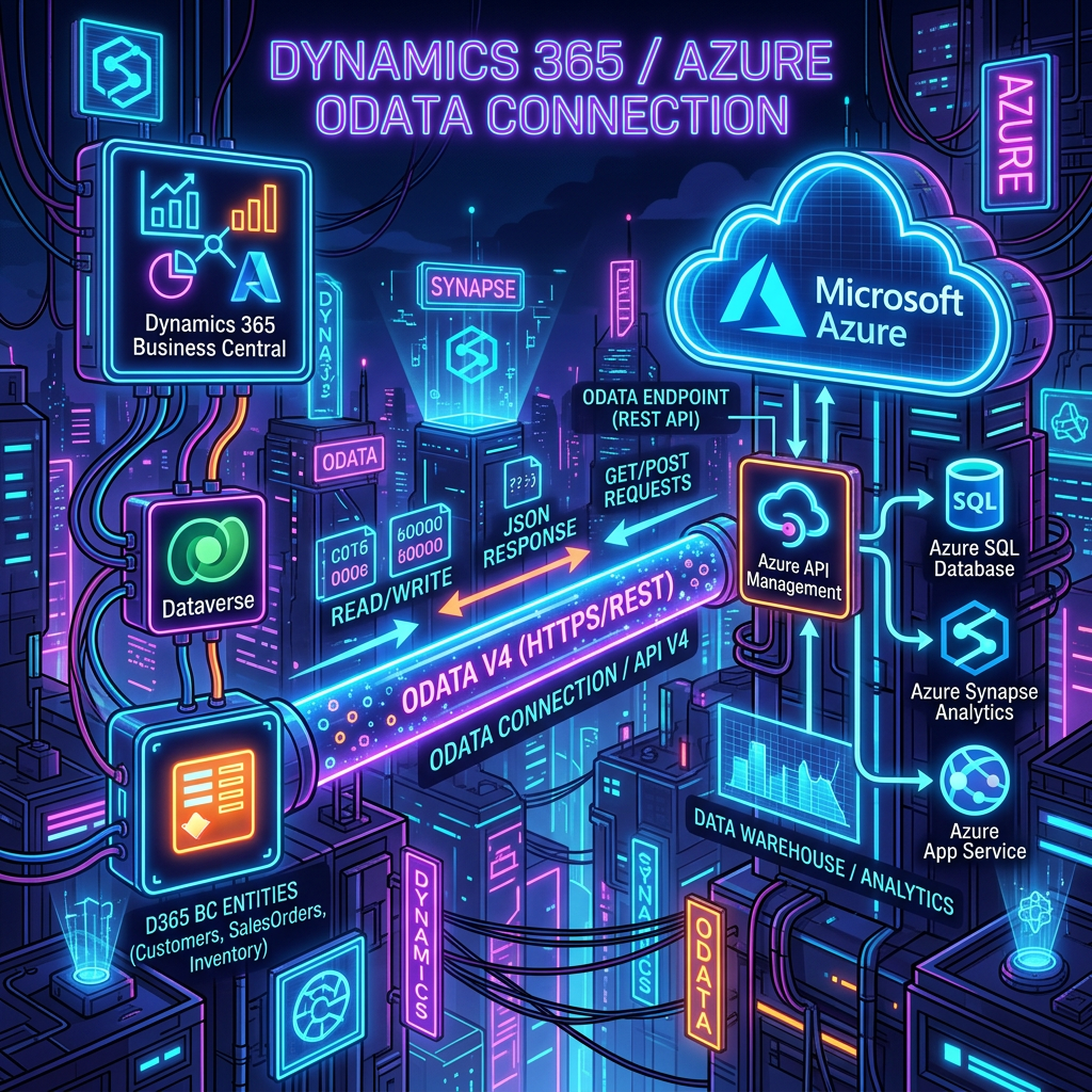 Flowchart showing Dynamics 365 Business Central connecting to Azure API Management via OData V4, with endpoints like Azure SQL Database and Azure Synapse Analytics