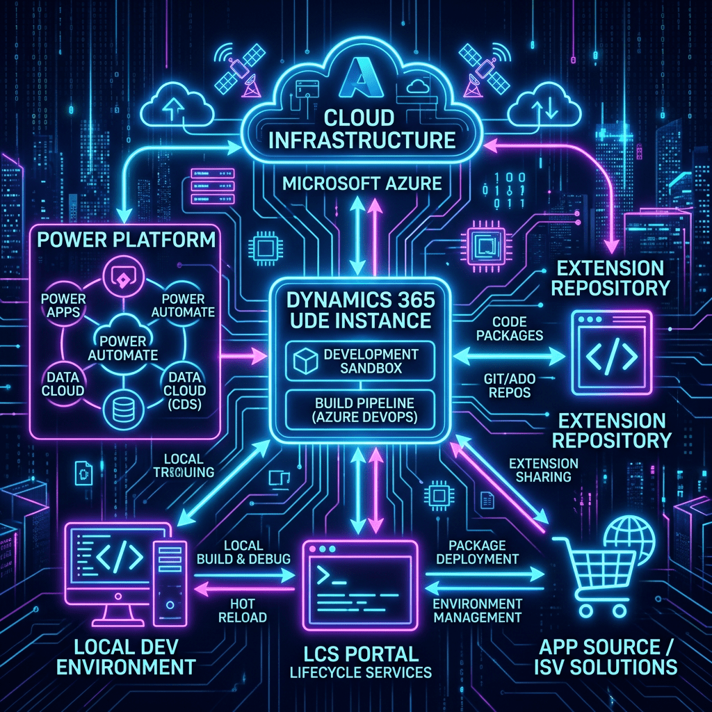 Diagram showing Microsoft Azure cloud infrastructure with Dynamics 365, Power Platform, local dev environment, extension repositories, lifecycle services, and app sources