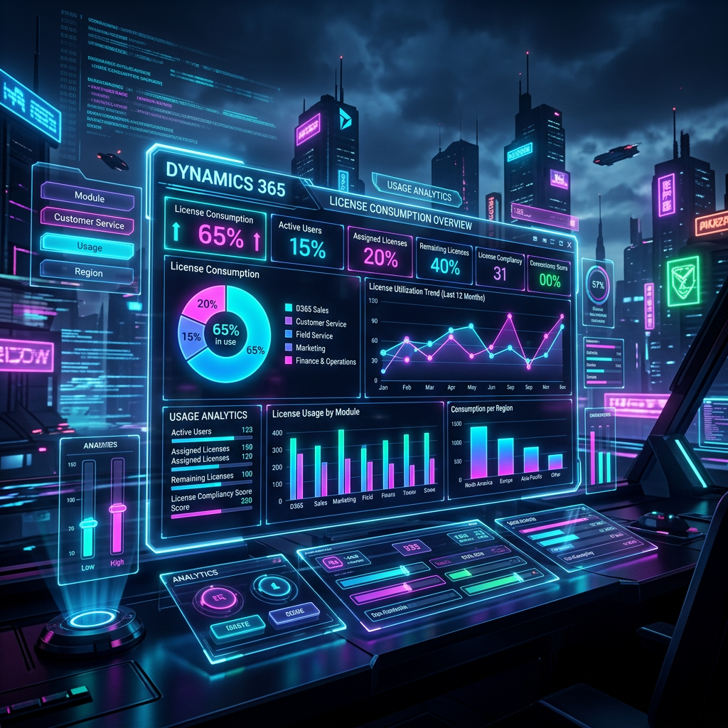 Futuristic analytics dashboard showing Dynamics 365 license consumption, user activity, and usage trends