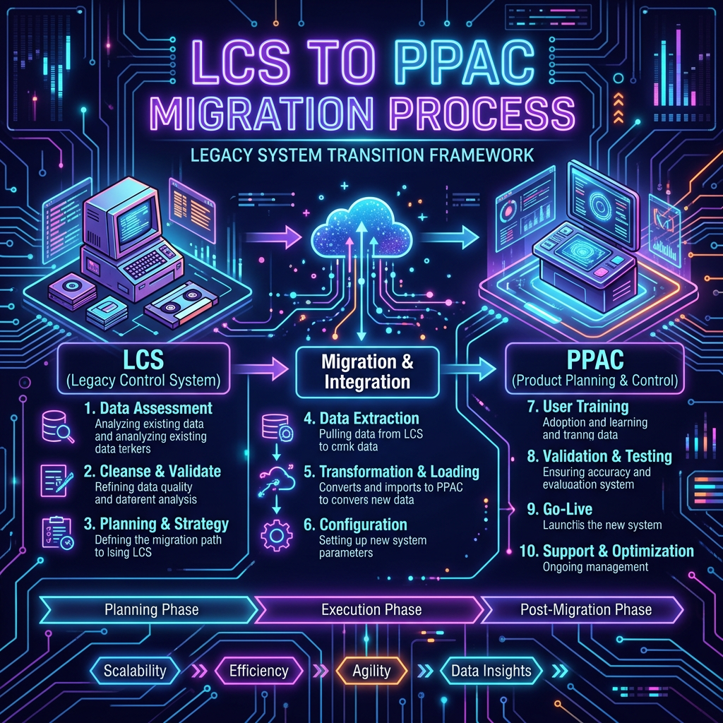 Flowchart of LCS to PPAC migration process with phases and steps for data migration and system transition