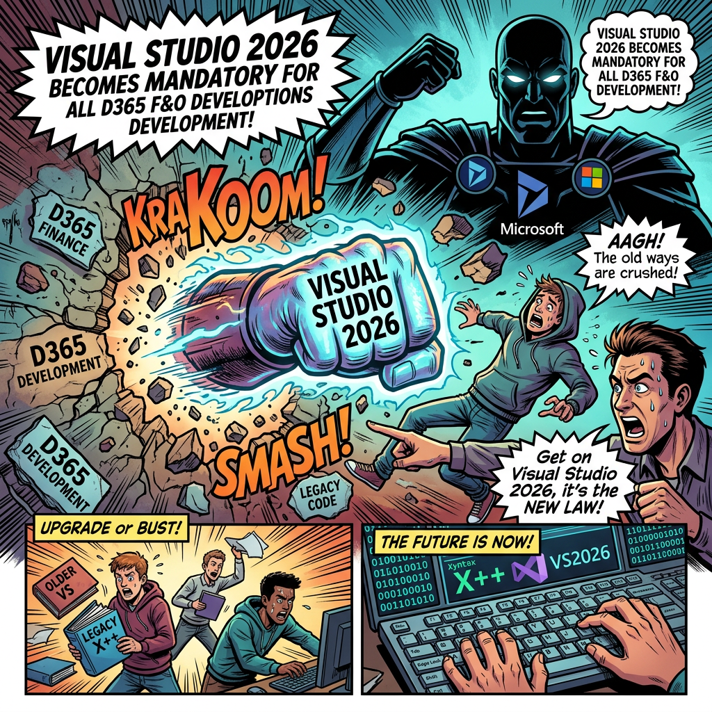 Comic graphic reading Visual Studio 2026 becomes mandatory for all D365 F&O developments; Visual Studio 2026, Microsoft, D365 Finance, D365 Development, Legacy Code, Upgrade or Bust!, The Future Is Now!, X++, VS2026, and Get on Visual Studio 2026, it's the new law!