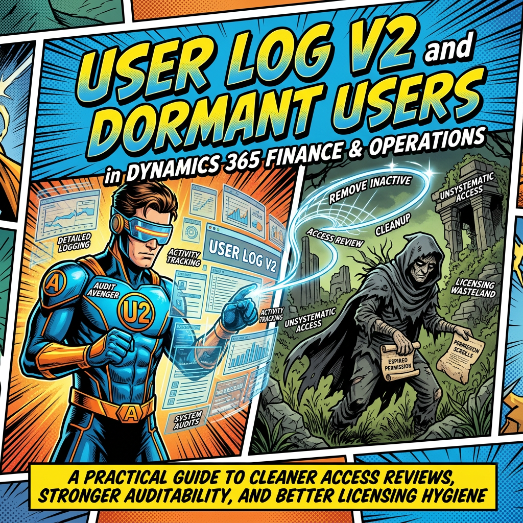 Comic panel titled “USER LOG V2 and DORMANT USERS in DYNAMICS 365 FINANCE & OPERATIONS,” contrasting audit logging with inactive accounts, access review, cleanup, and licensing waste.