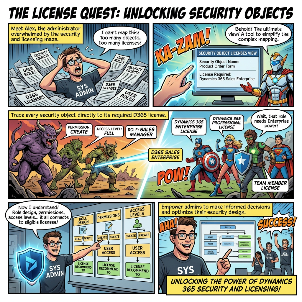 Comic titled "THE LICENSE QUEST: UNLOCKING SECURITY OBJECTS" explaining Dynamics 365 security objects, roles, permissions, access levels, and licenses.