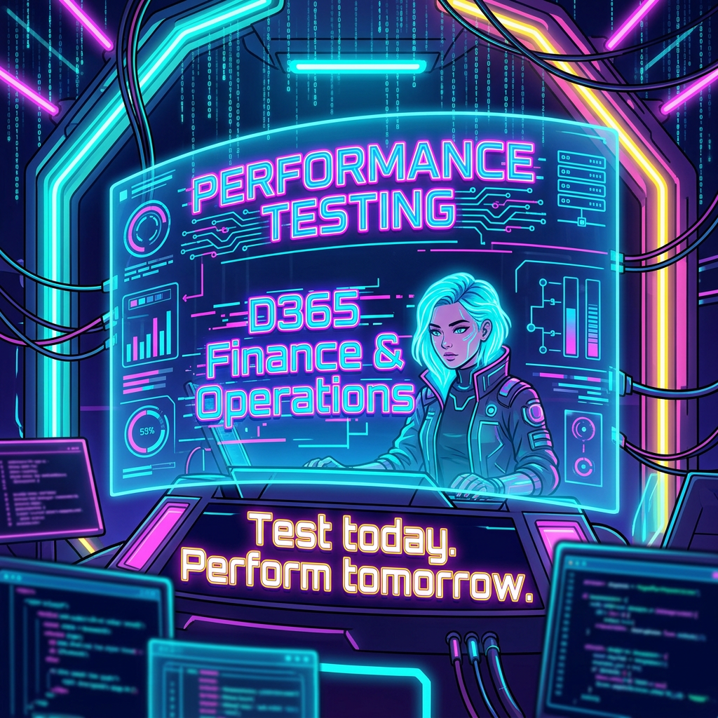 Neon dashboard reading “PERFORMANCE TESTING,” “D365 Finance & Operations,” and “Test today. Perform tomorrow.”