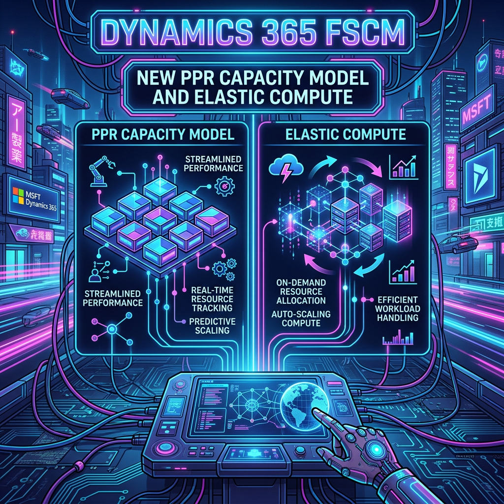 Infographic titled Dynamics 365 FSCM explaining PPR capacity model and elastic compute