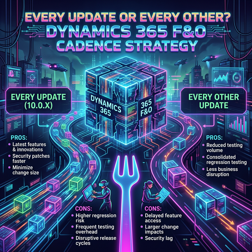 Infographic titled EVERY UPDATE OR EVERY OTHER? DYNAMICS 365 F&O CADENCE STRATEGY, comparing Every Update (10.0.X) pros and cons with Every Other Update pros and cons.