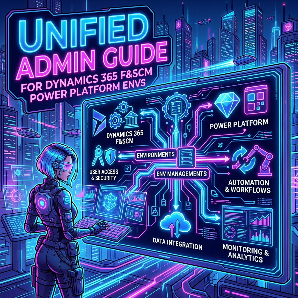 UNIFIED ADMIN GUIDE FOR DYNAMICS 365 F&SCM POWER PLATFORM ENVS; diagram labels DYNAMICS 365 F&SCM, POWER PLATFORM, USER ACCESS & SECURITY, ENVIRONMENTS, ENV MANAGEMENTS, AUTOMATION & WORKFLOWS, DATA INTEGRATION, and MONITORING & ANALYTICS