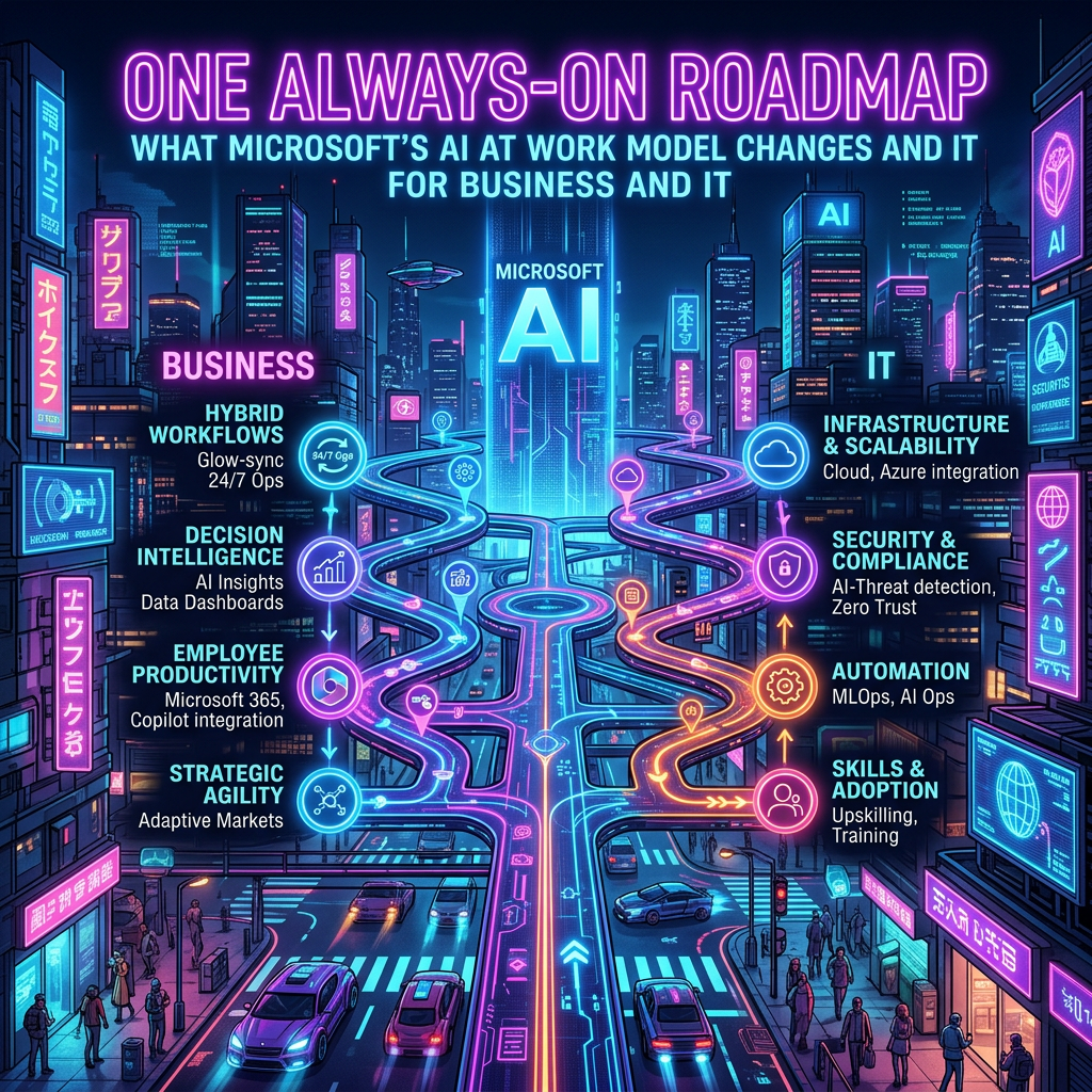 Neon infographic titled One Always-On Roadmap: What Microsoft’s AI at Work Model Changes and It for Business and IT, covering business and IT themes including hybrid workflows, decision intelligence, employee productivity, strategic agility, infrastructure and scalability, security and compliance, automation, and skills and adoption.