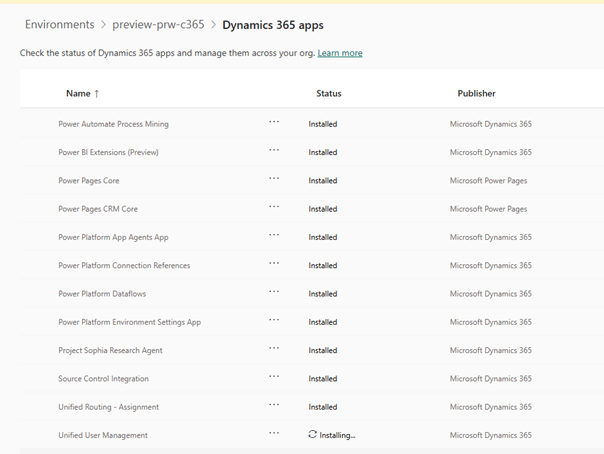 Screenshot of the Dynamics 365 apps interface, displaying a list of installed applications and their statuses, with some apps currently installing.