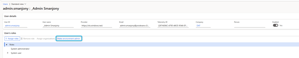 User details page showing information for admin user, including username, email, company, and role assignments.
